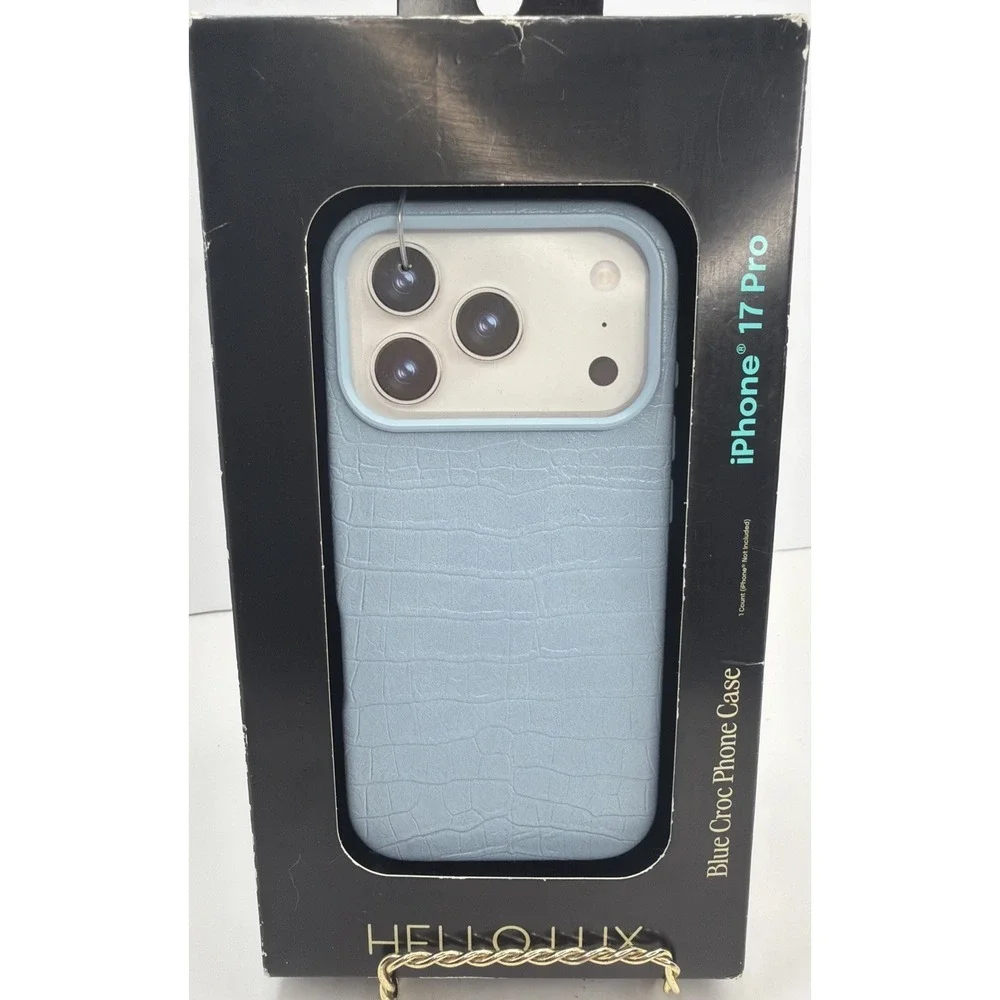 HELLO LUX Blue Croc Phone Case for iPhone 17 Pro Faux Leather Drop Protection